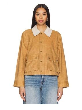 The Great Cropped Suede Work Jacket with Contrast Collar - Tan- size 2, medium
